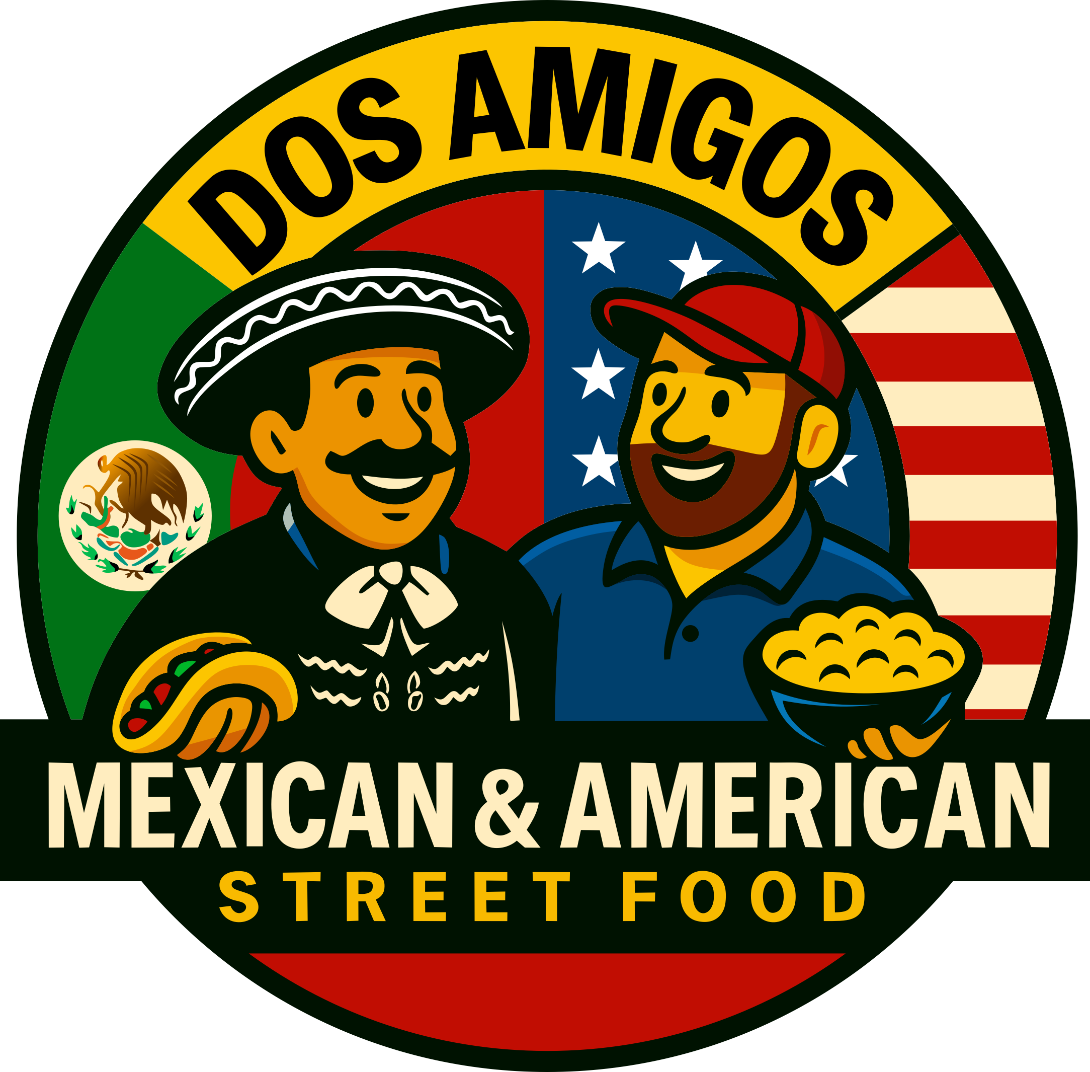 Illustration of two smiling men, one wearing a sombrero and the other wearing a baseball cap, holding food, with a background featuring Mexican and American flags; text says 'Dos Amigos Mexican & American Street Food.'