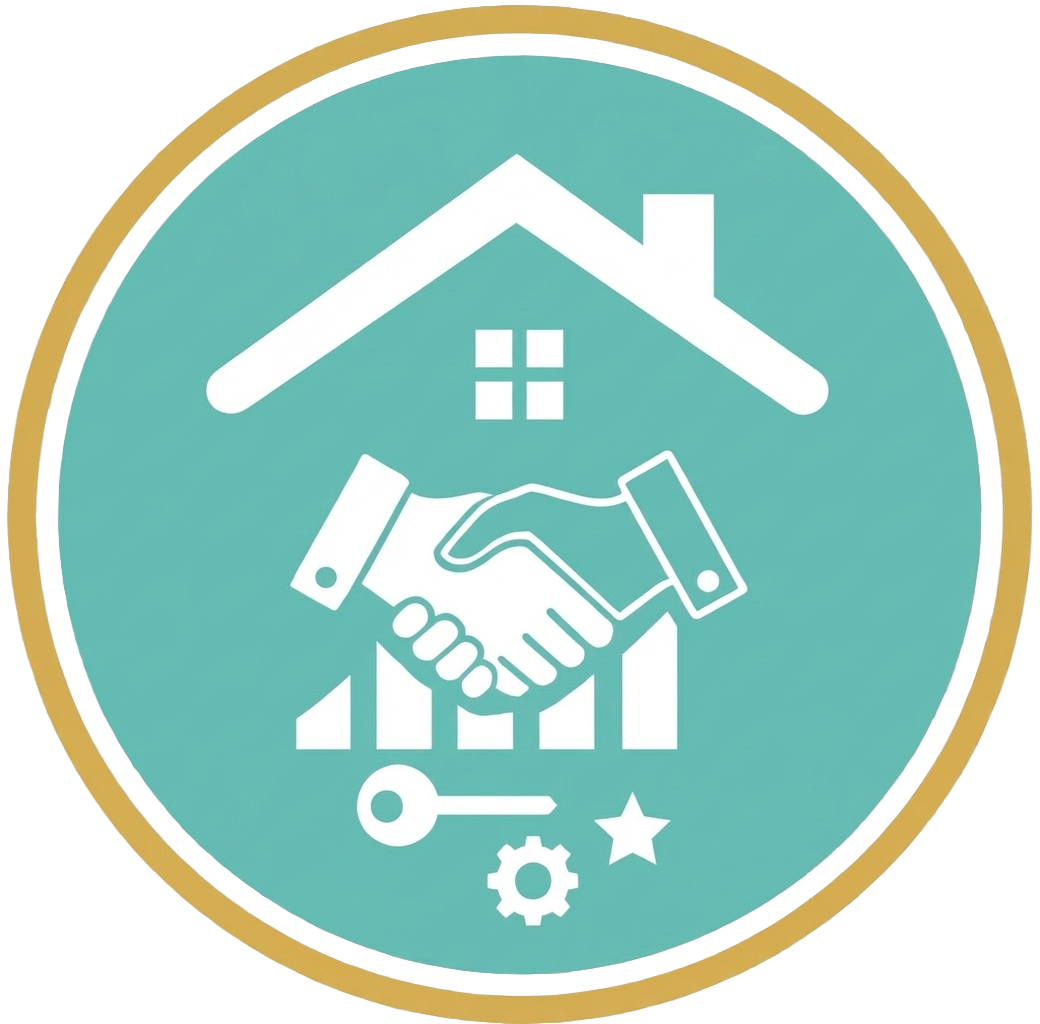 Logo for real estate agents featuring a house with two hands shaking underneath, a key, a gear, a star, and bar chart in the background.