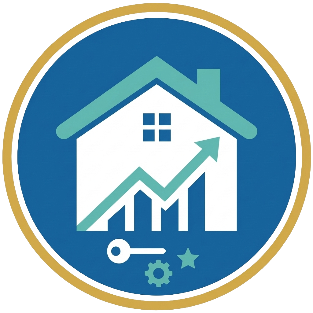Logo for investors featuring a house with an upward trending graph inside, a key, a gear, and a star below.