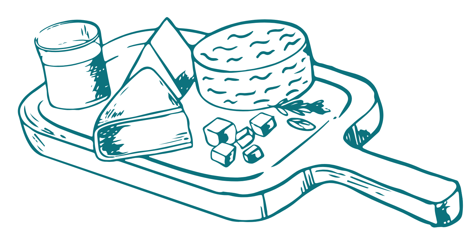 Drawing of a cheese platter with various cheeses, crackers, nuts, and a glass of wine on a wooden tray from The Charcuterie Chics in Greensboro NC brand icon