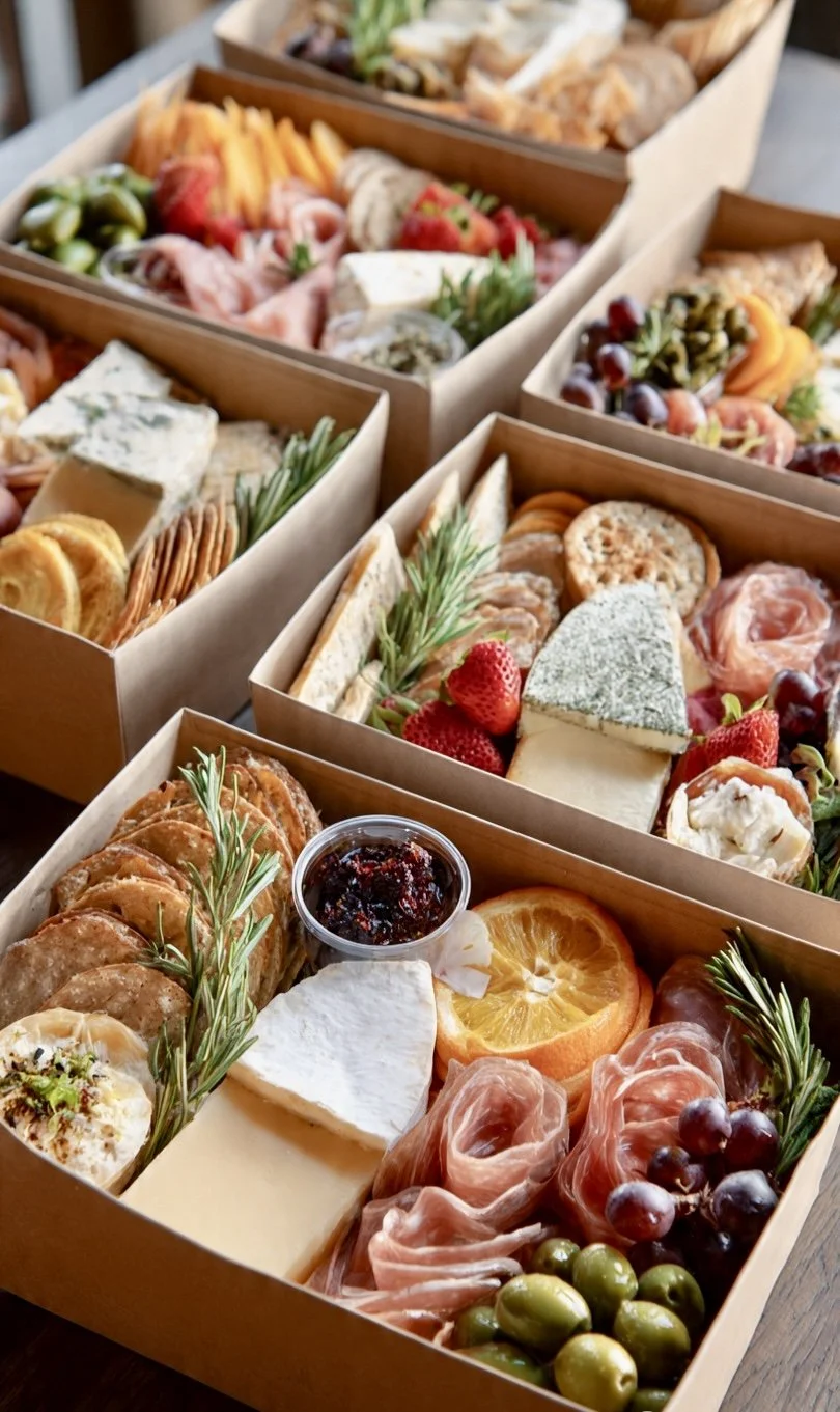 Various cheese, fruits, meats, and crackers arranged in wooden boxes for a charcuterie board from The Charcuterie Chics near Statesville NC