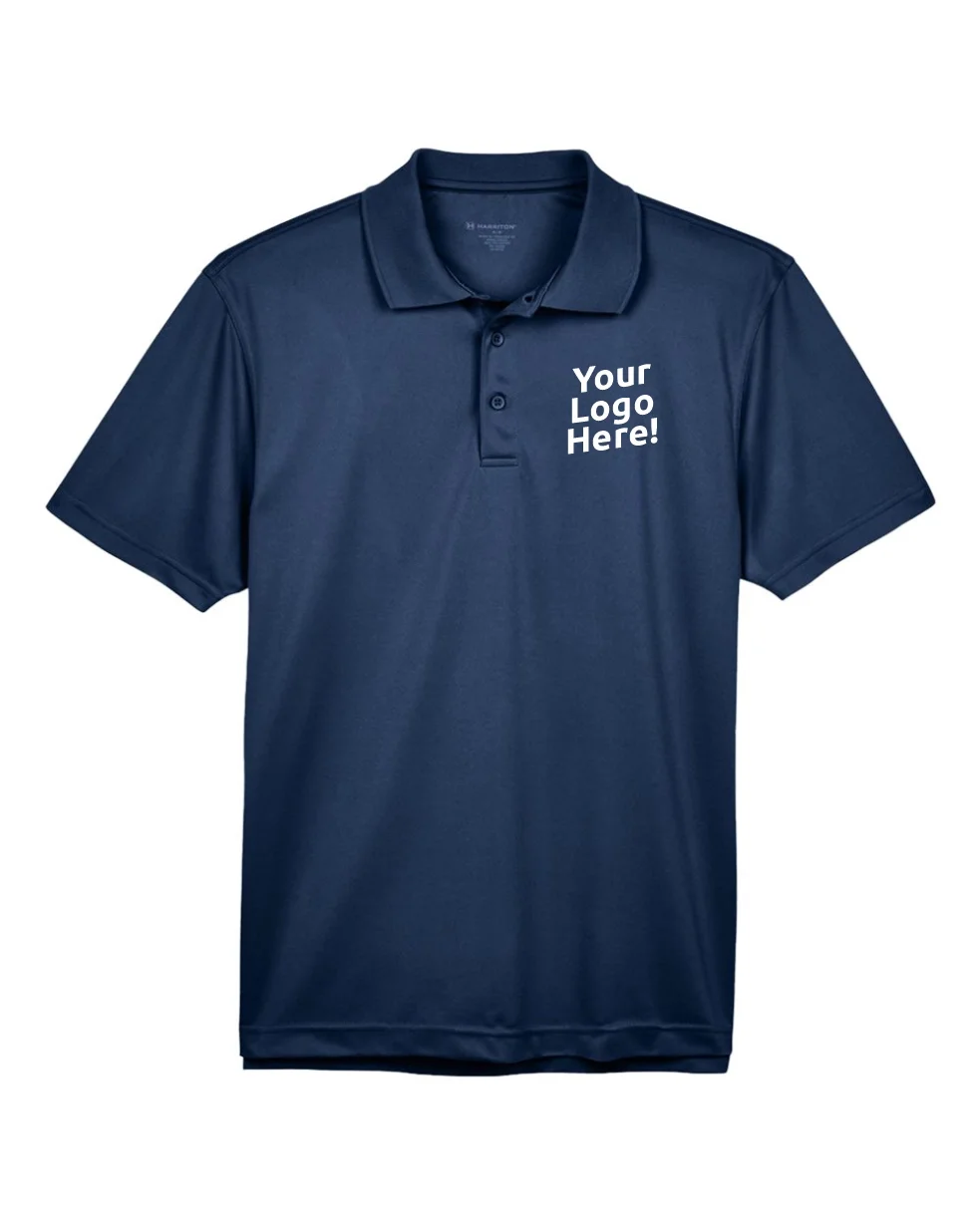 A navy blue polo shirt with the text 'Your Logo Here!' printed on the chest area.
