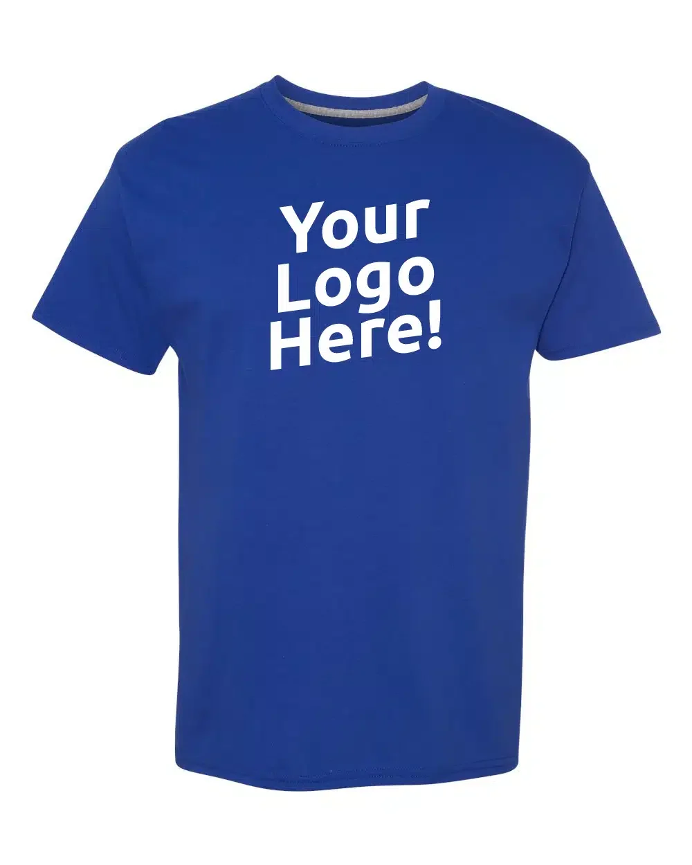 Blue T-shirt with white text that says "Your Logo Here!"