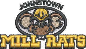 A logo featuring a cartoon mouse wearing a yellow construction helmet, with the words "MILL RATS" in gold text below, and the words "JOHNSTOWN" curved above.