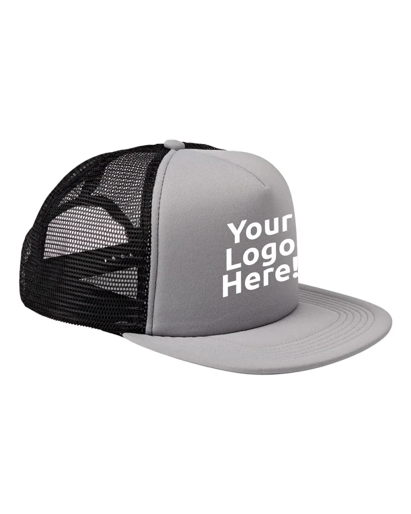 Gray trucker cap with a black mesh back and a gray front panel that says "Your Logo Here!" in white letters.