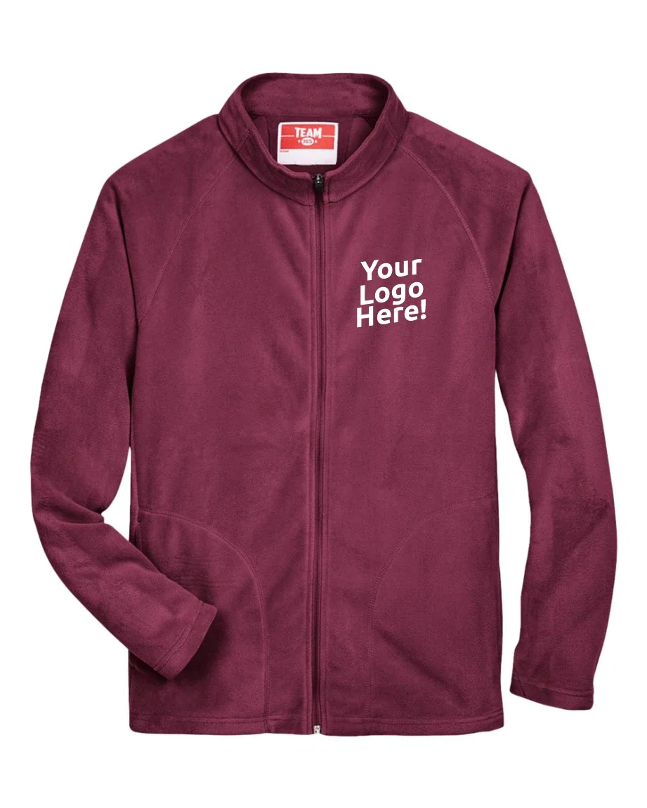 Maroon zip-up jacket with a mock neck and a placeholder for a logo on the upper left chest area.