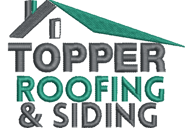 Graphic logo with the text 'Topper Roofing & Siding' in bold letters.