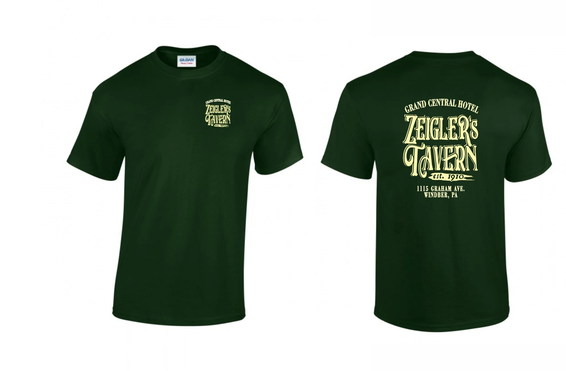 Green T-shirt with front and back designs for Zeigler's Tavern, including address and establishment year.
