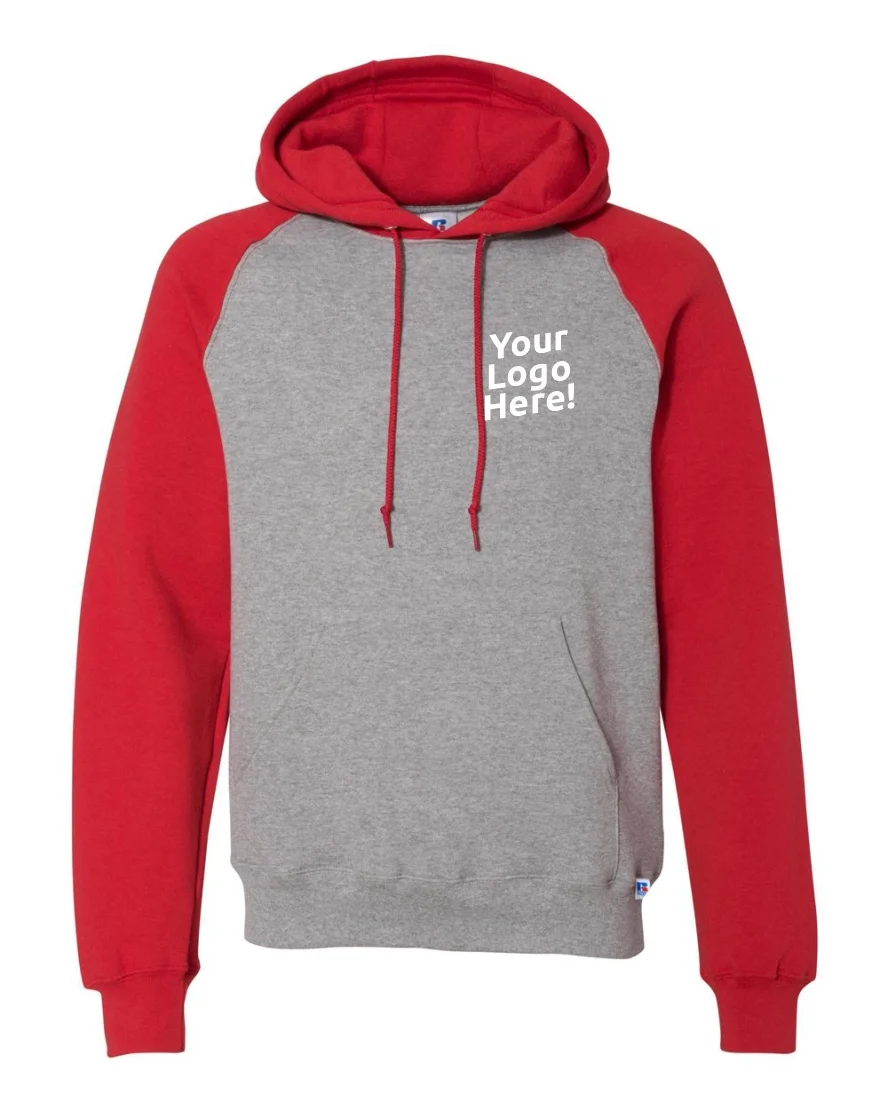 Gray and red hooded sweatshirt with a front pocket and a customizable logo area.