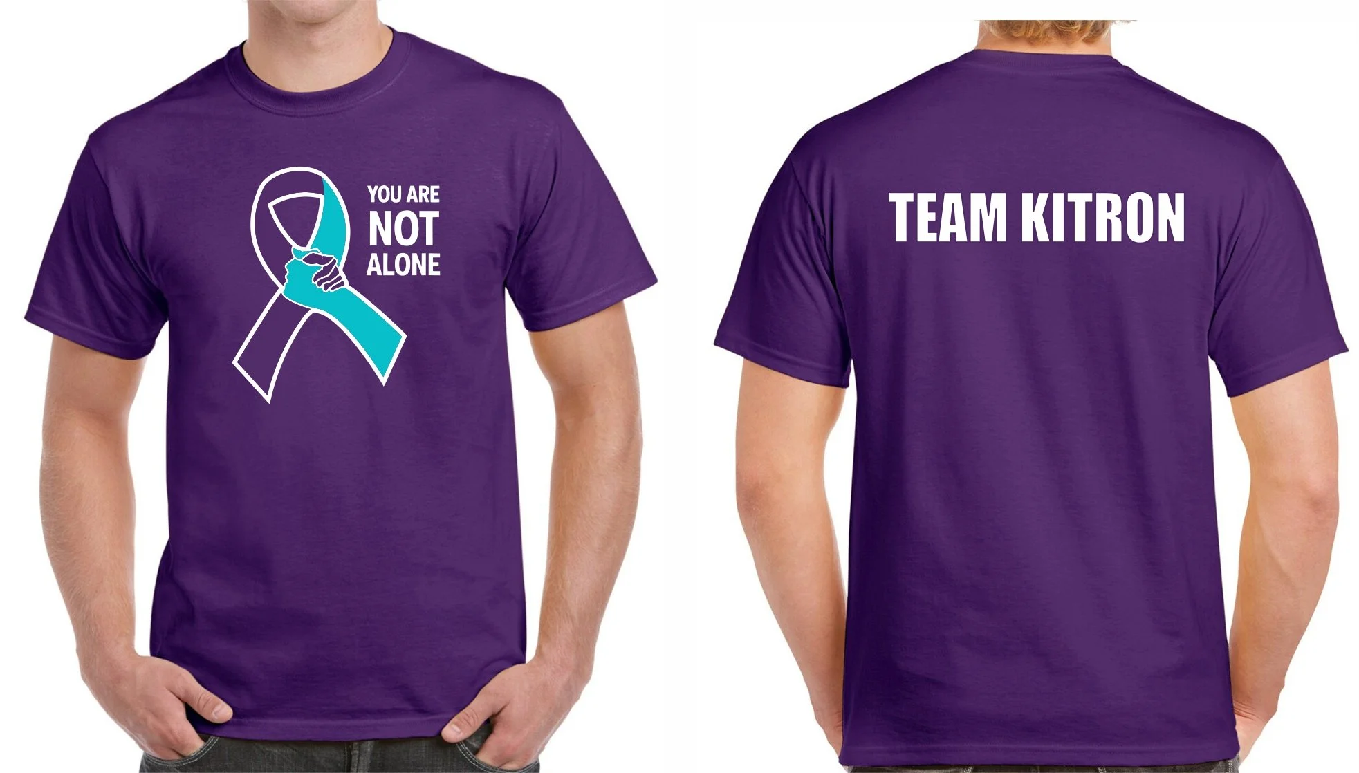Purple t-shirt with a teal and white ribbon and the text "You are not alone" on the front; "Team Kitron" in white on the back.