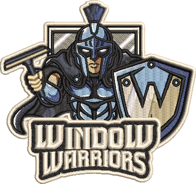 A patch or emblem of a warrior with a helmet and shield, holding a sword, with the text 'Window Warriors' beneath.
