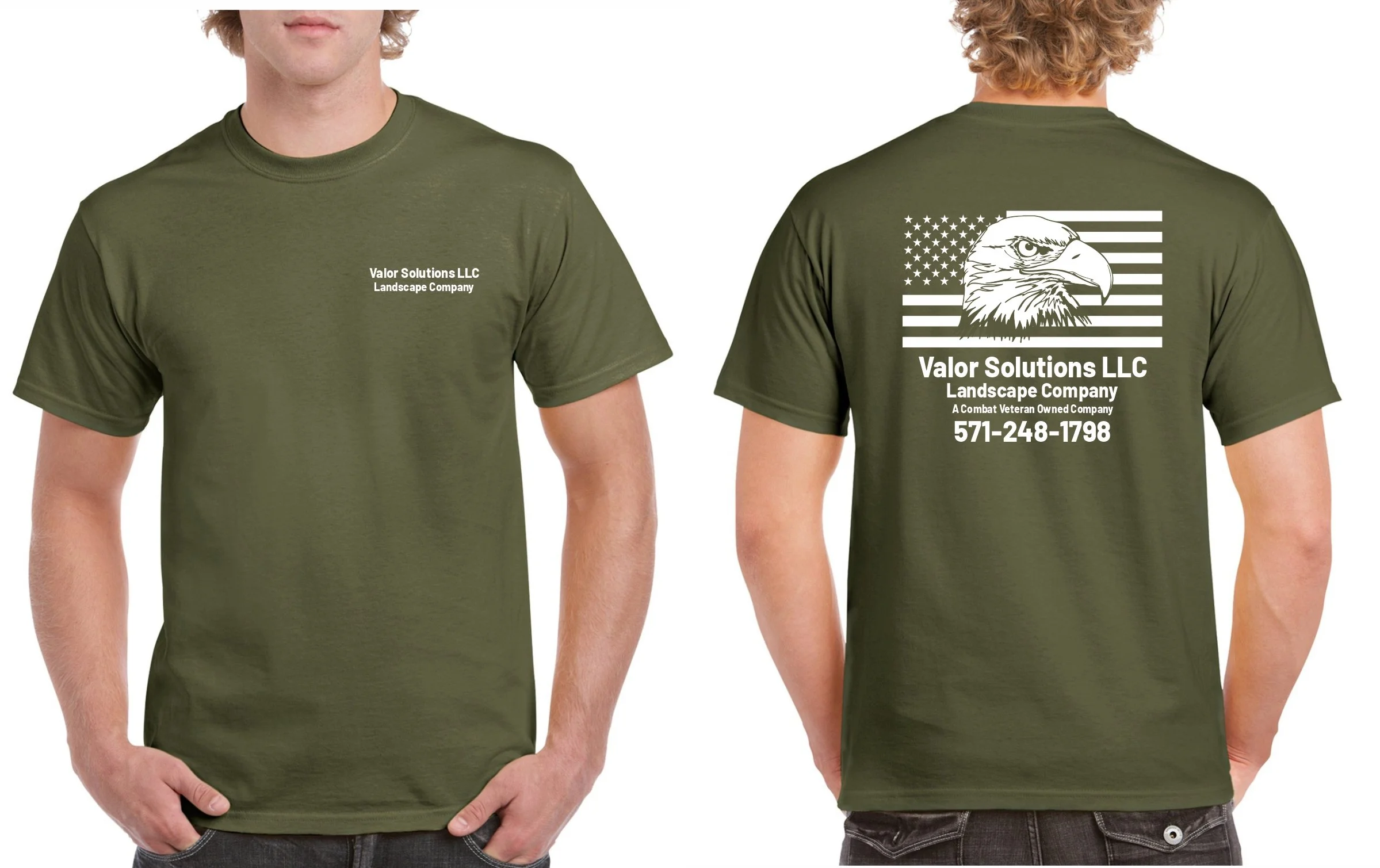 Green t-shirt with Valor Solutions LLC branding, front has small white text on the chest reading 'Valor Solutions LLC Landscape Company,' back has large design featuring an American flag and an eagle, along with the company's contact information.