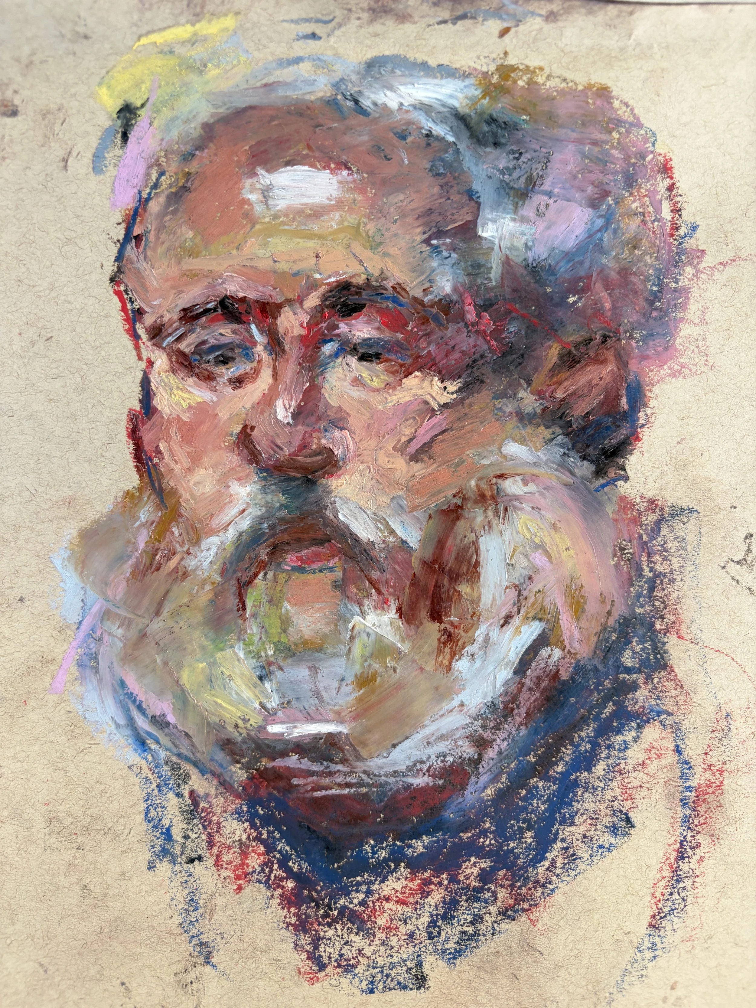 Abstract portrait painting of a person's face with glasses, expressive brushstrokes, and a mix of warm and cool colors on textured beige paper.