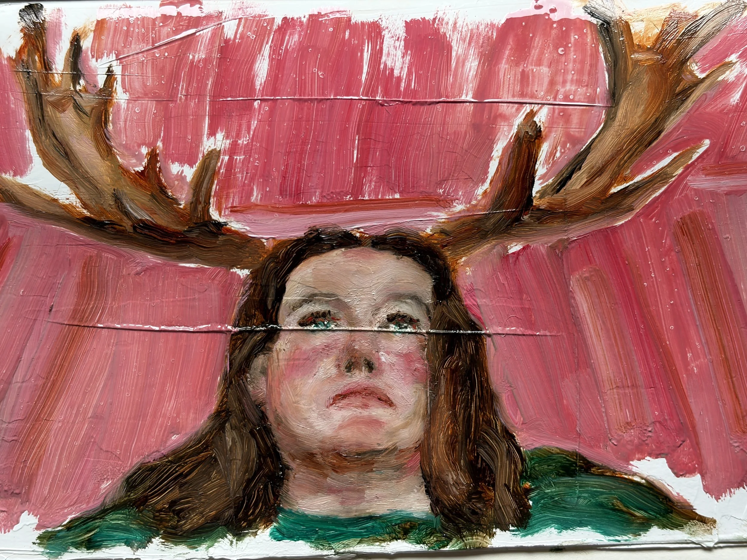self portrait painting of a woman with moose antlers