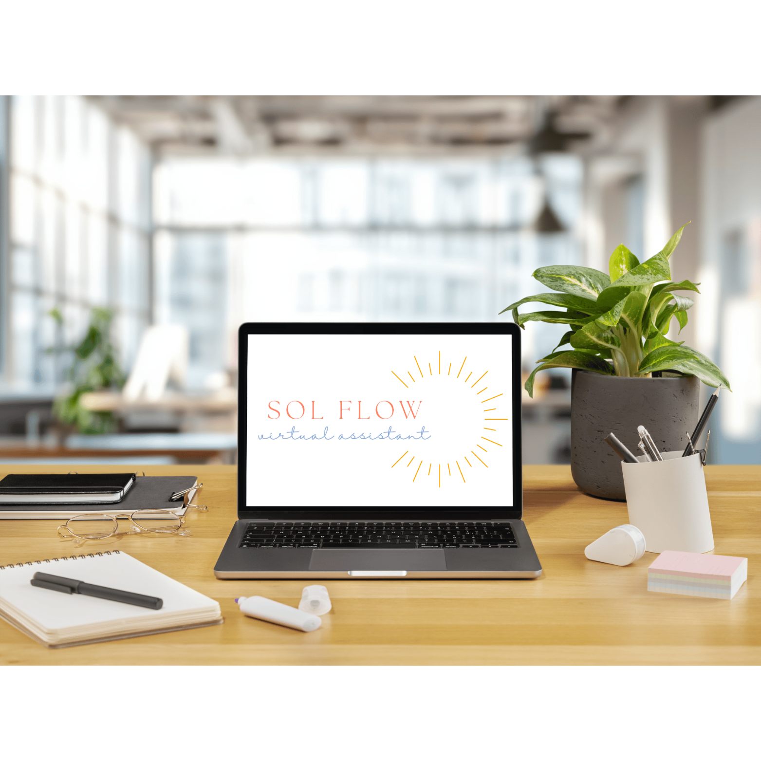 Desktop workspace with a laptop displaying 'SOL FLOW virtual assistant', a potted plant, notebooks, glasses, pens, sticky notes, and office supplies on a wooden desk, in a bright modern office.