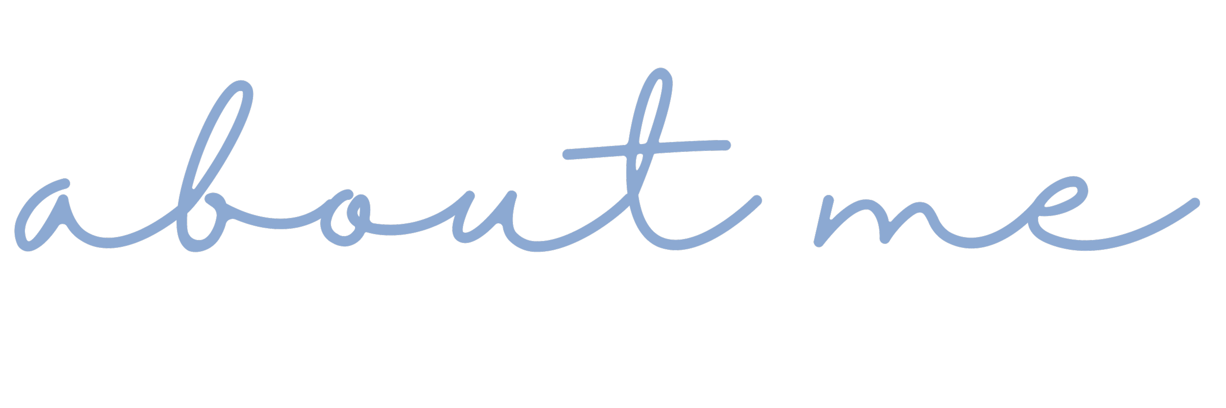 Blue illuminated cursive text that reads 'about me'