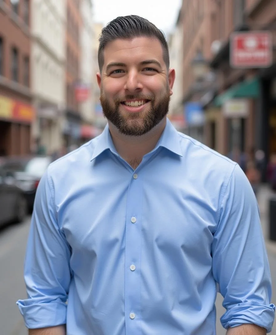 A smiling man with a beard and short hair, wearing a light blue dress shirt, standing on a city street with blurred buildings and storefronts in the background.