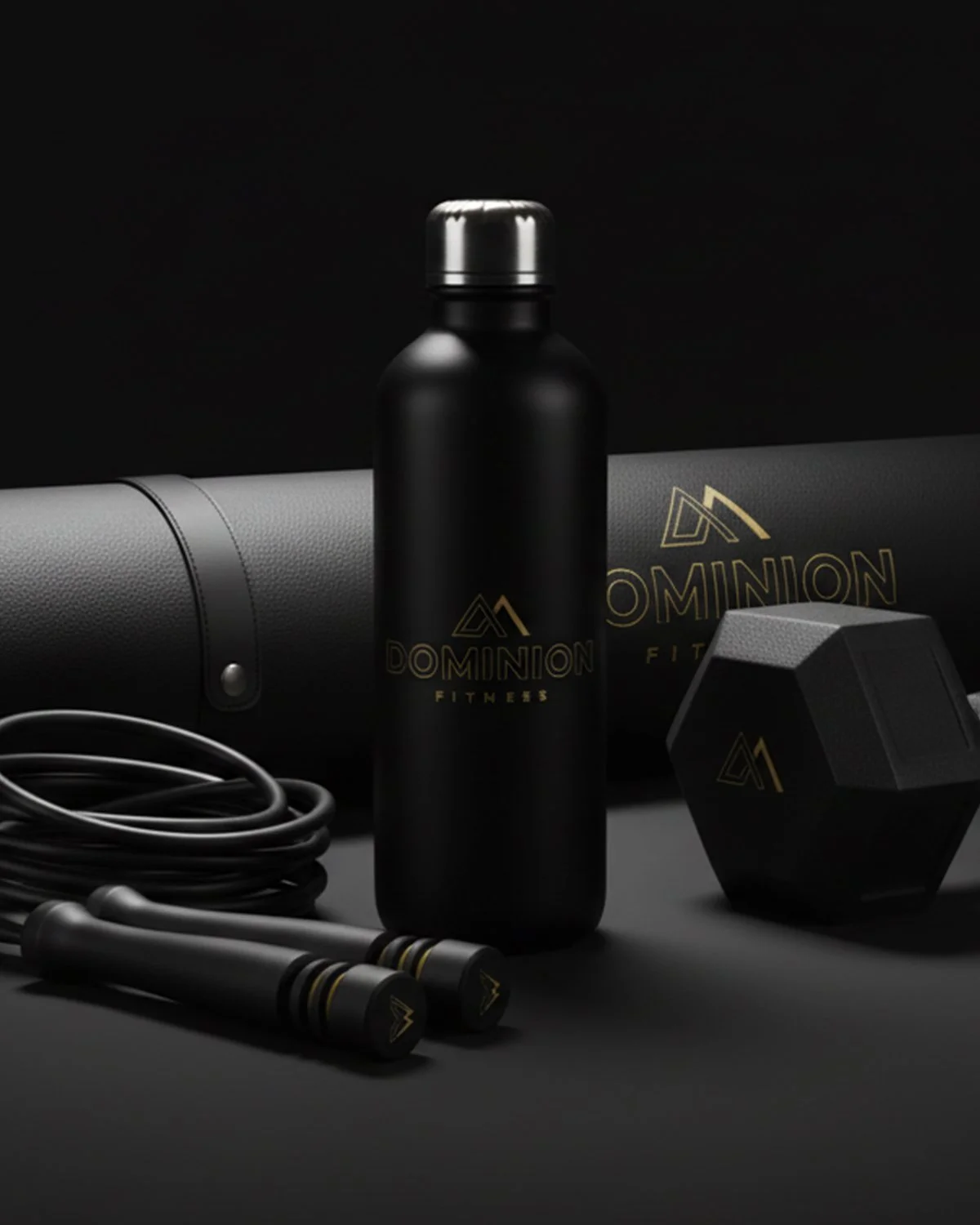 Black water bottle, dumbbell, jump rope, and yoga mat with 'Dominion Fitness' logo on a dark surface and background.
