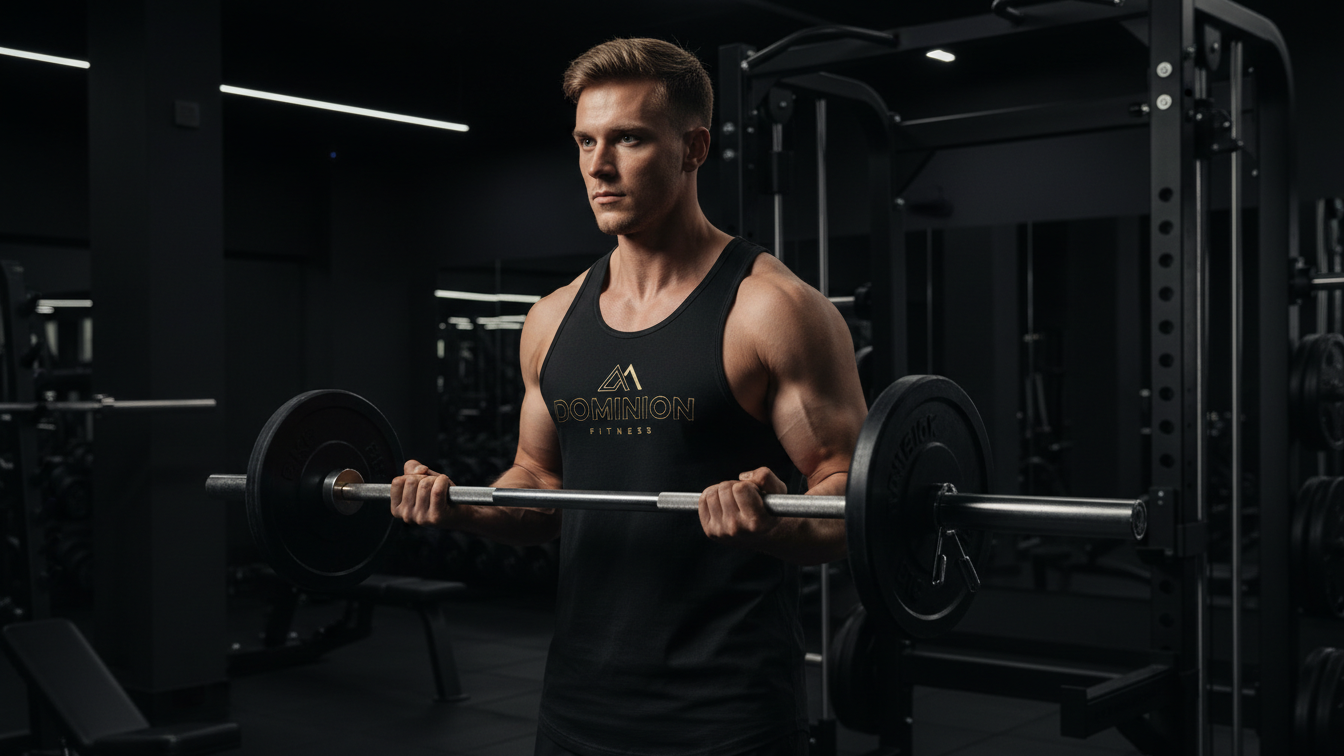 A young man with short light brown hair lifting a barbell with weights in a dark gym.