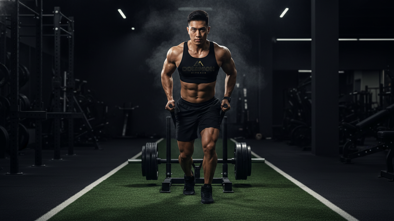 A muscular man in workout attire pushes a weighted sled on an indoor gym floor.
