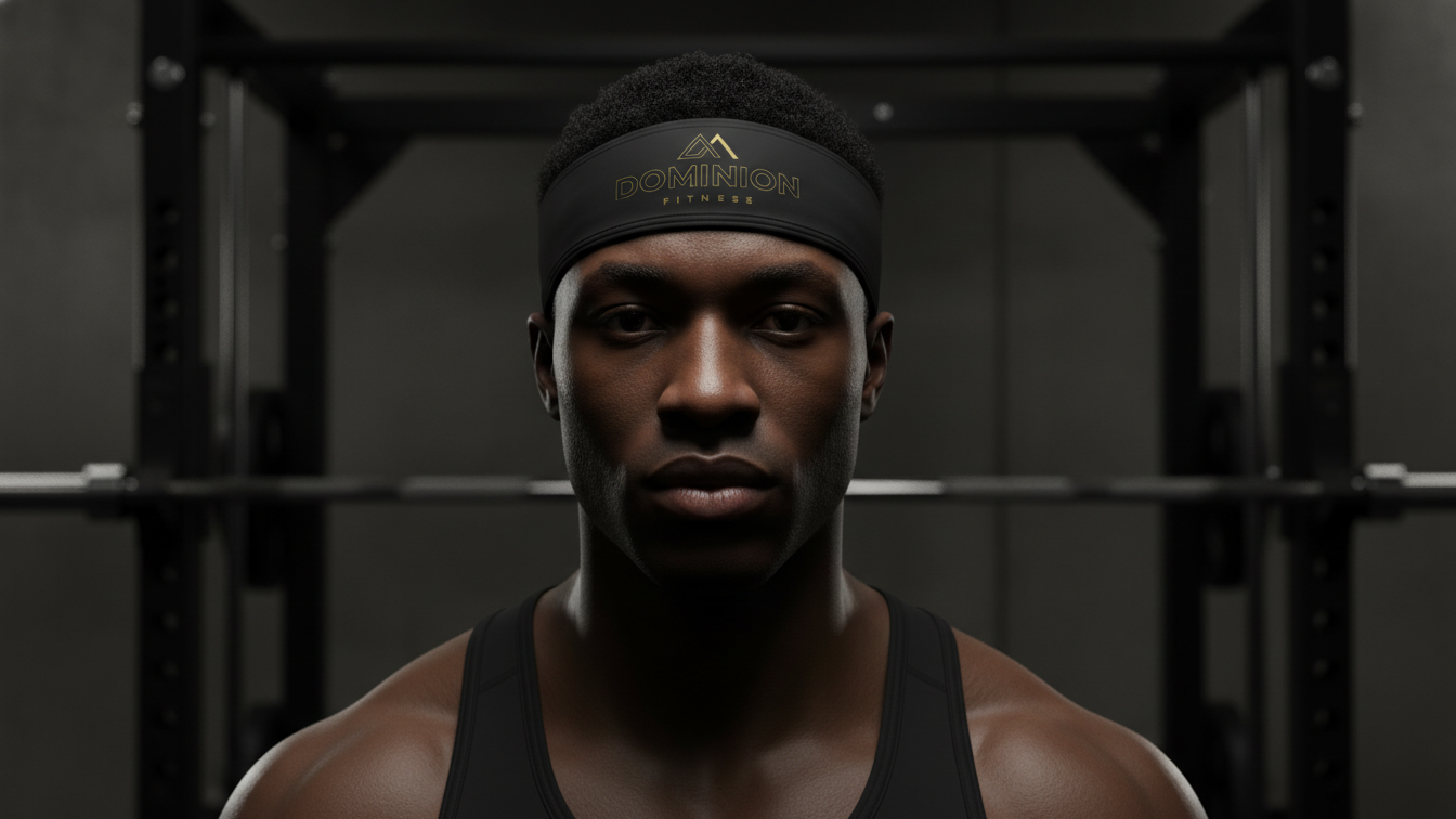 A young man wearing a black headband and black athletic tank top indoors, with gym equipment in the background.