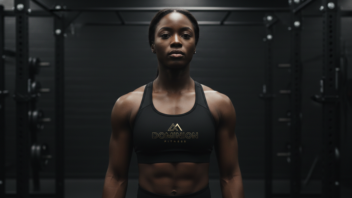 A fit woman standing in a gym in front of black exercise equipment, wearing a black sports bra with gold "Dominion Fitness" logo.