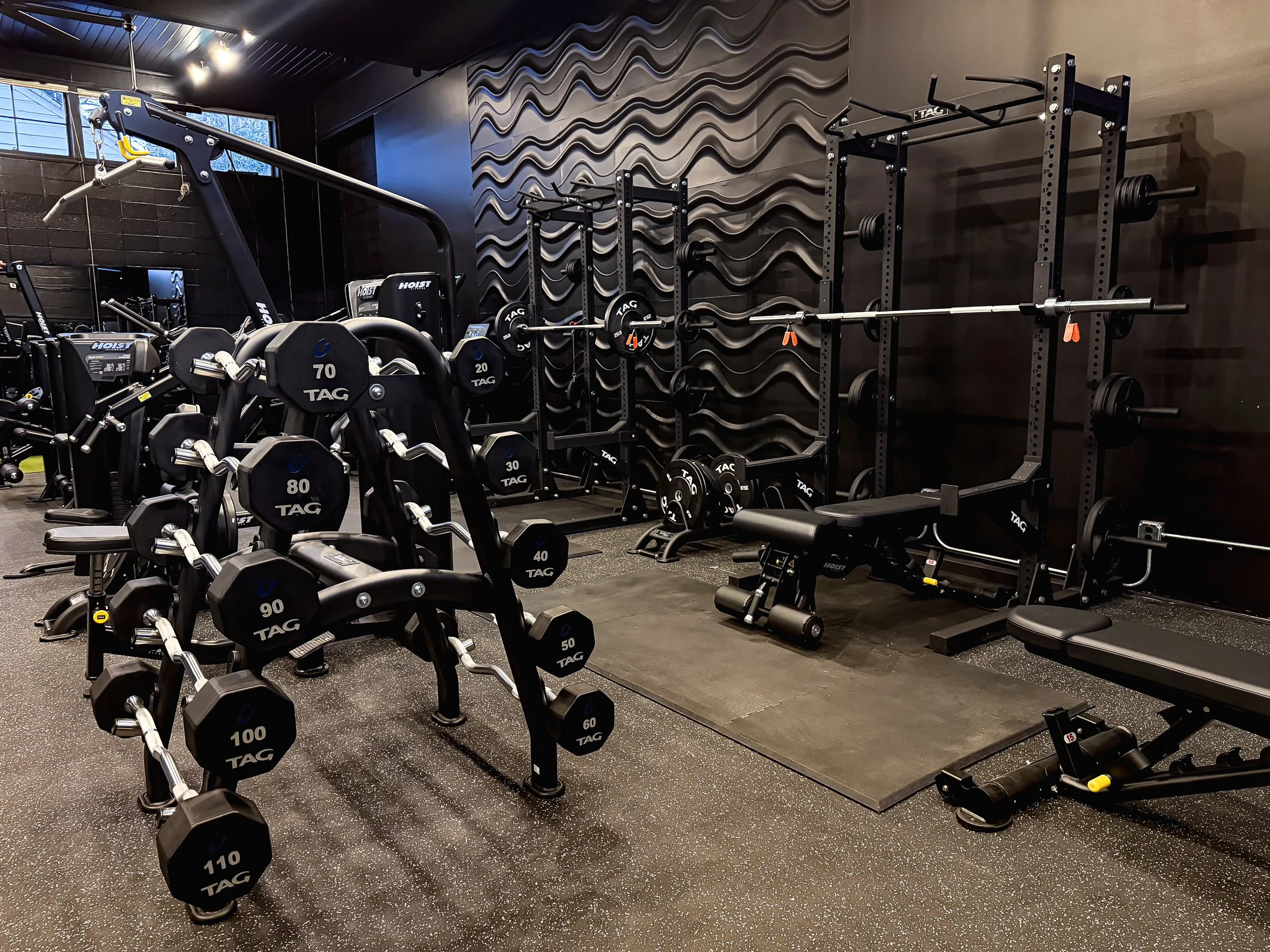 A well-organized gym with free weights, benches, and squat racks. The foreground features a rack of black dumbbells labeled with weights from 30 to 110 pounds. The background has black wall panels, a wave-patterned wall design, and various weightlifting equipment including racks with barbells and weight plates. There are windows with natural light.