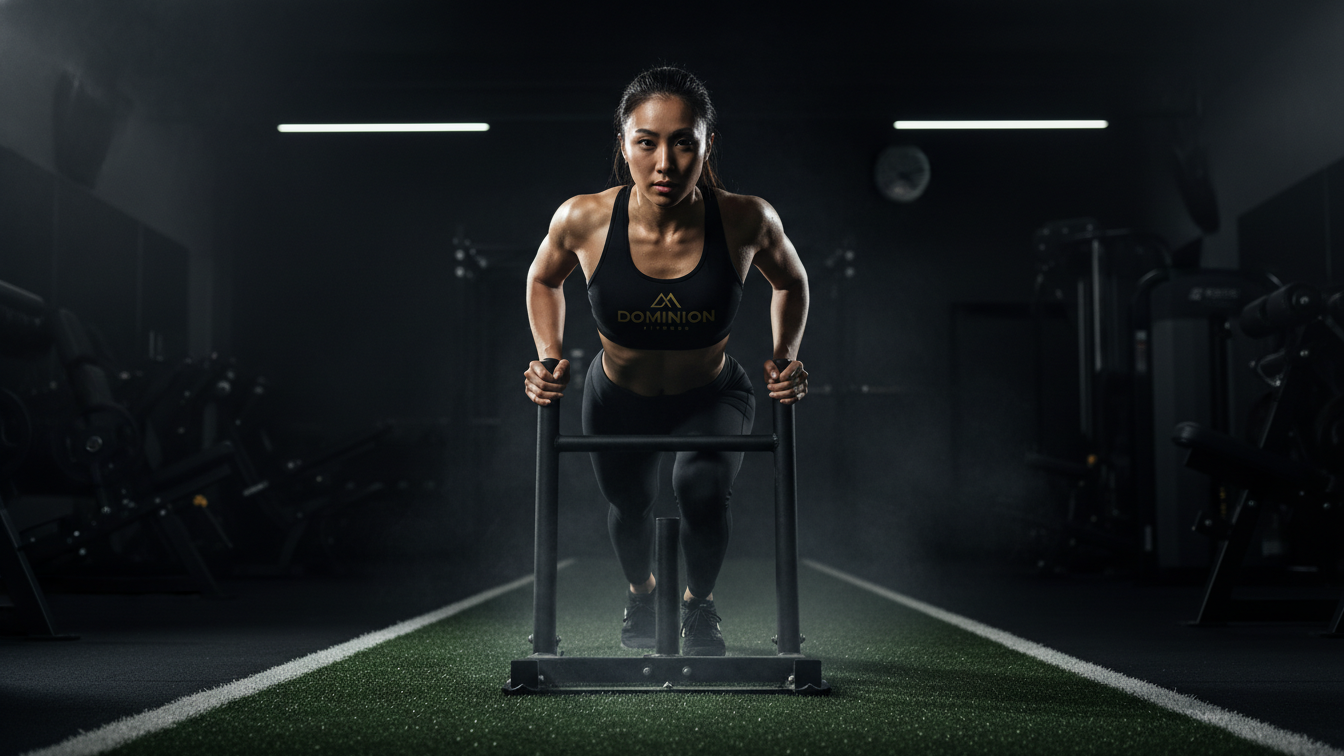 A woman in a black sports bra and leggings pushing a sled in a dark gym.