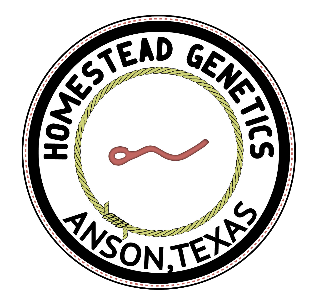 The badge of the Houston Estead Genetics in Anson Texas with a circular logo, black border, white background, and a gold rope design inside. It features a stylized DNA strand in the center.