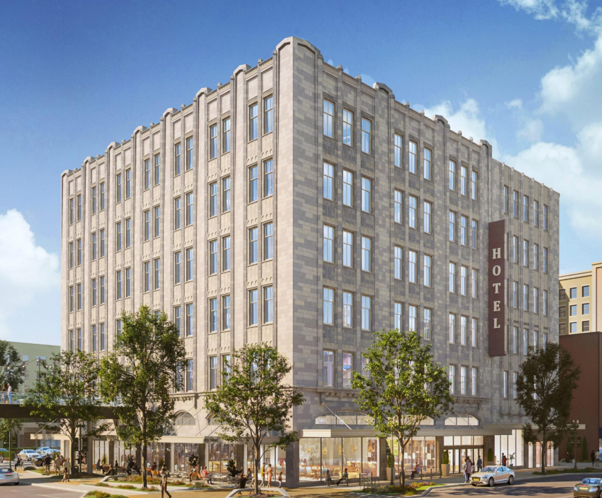 A multi-story hotel building with a large vertical sign reading 'HOTEL' on the side, situated on a busy city street with pedestrians, trees, and cars, under a cloudy blue sky.