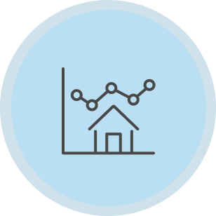 Line graph and house icon on a blue circular background
