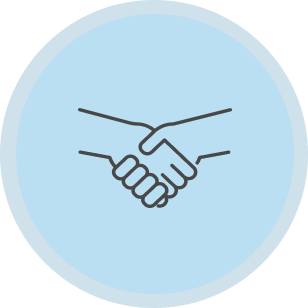 A simple icon of two hands shaking, symbolizing agreement or partnership, on a light blue background.