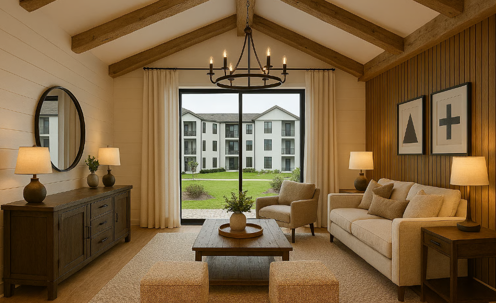 Living room with cream-colored sofa, armchair, wooden coffee table, side tables, lamps, and wall art, with large windows showing an outdoor courtyard with grass and a white apartment building.