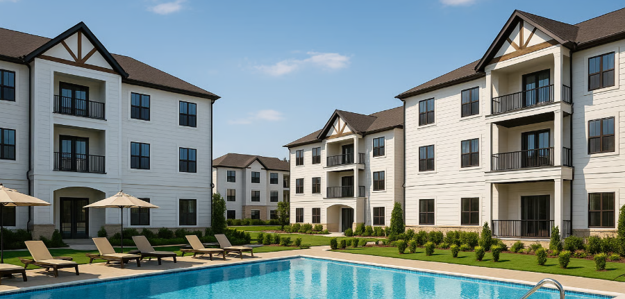 View of a residential apartment complex with a swimming pool and lounge chairs.