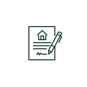 Icon of a clipboard with a house sketch and a pen, representing a document or contract.
