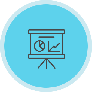Icon of a presentation board with pie chart and line graph on a tripod stand