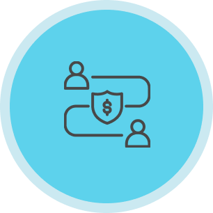 Icon of two people exchanging money and a shield with a dollar sign, symbolizing financial security or transaction.