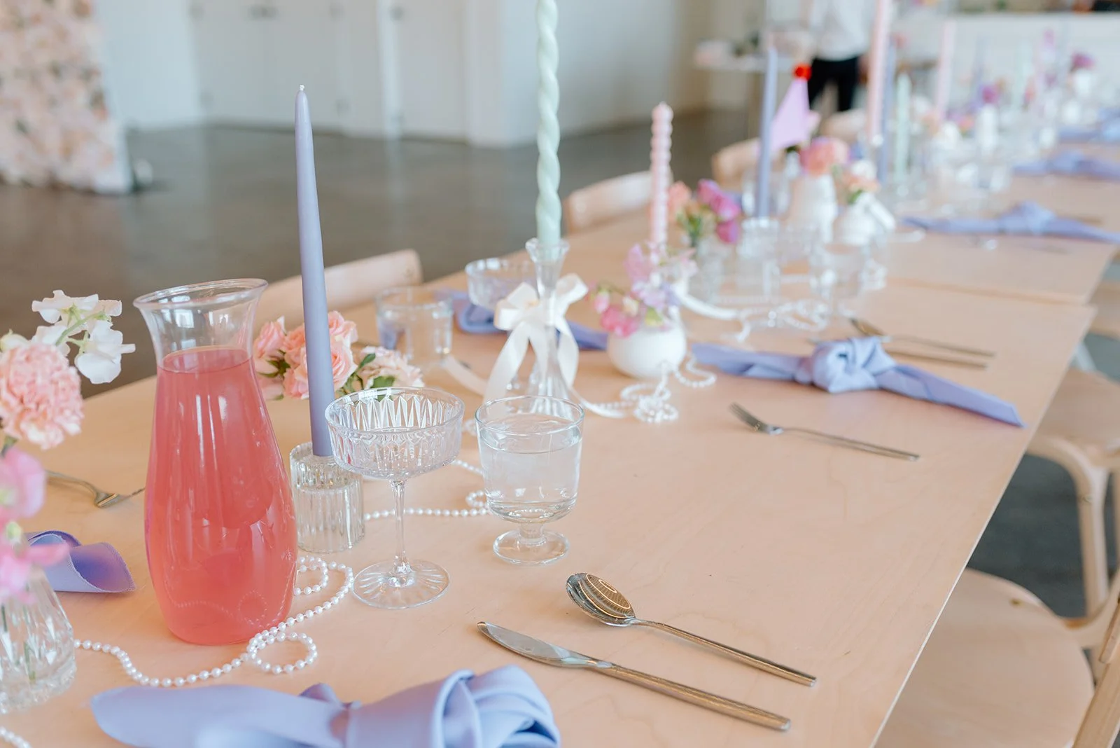 Galentines lunch design, table design, elevated pastel color scheme to welcome adult women.