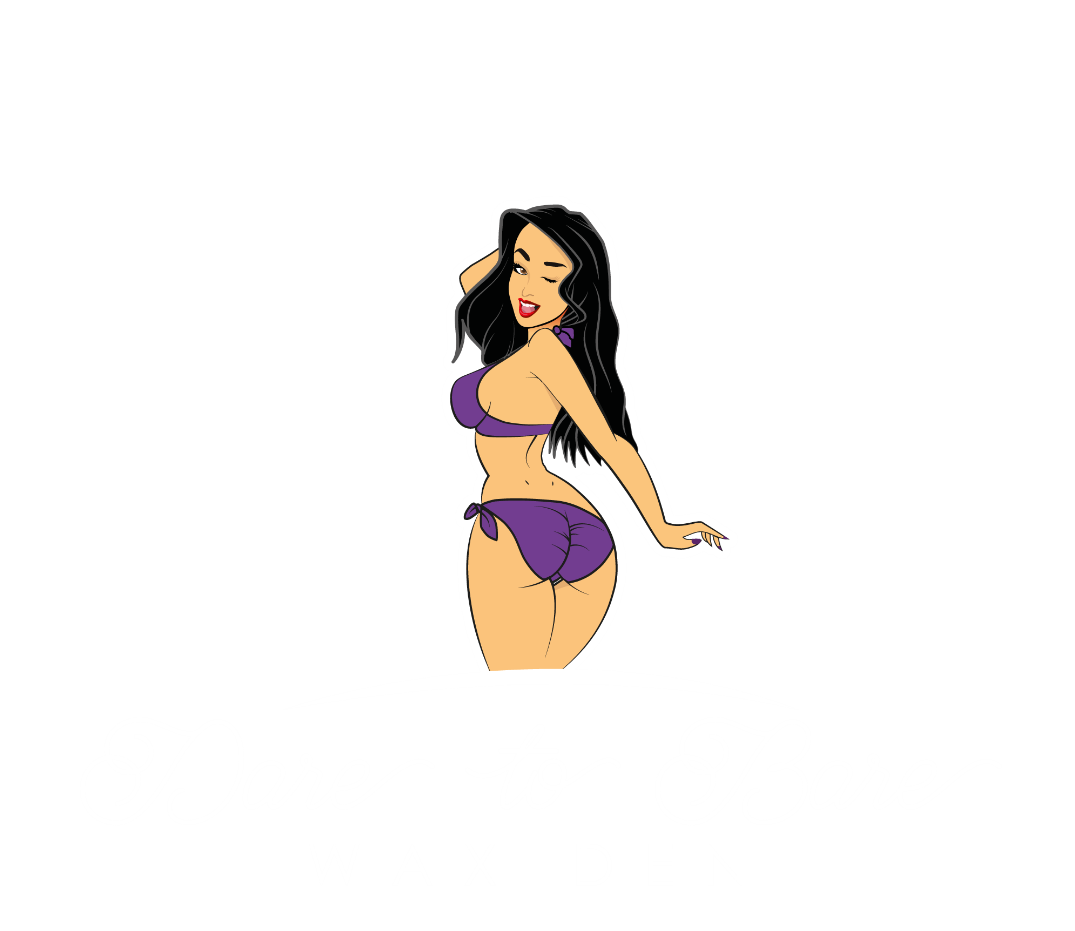 Logo featuring a woman with long black hair in purple bikini, winking, with the text "Dare to Bare Wax Den" beneath her.