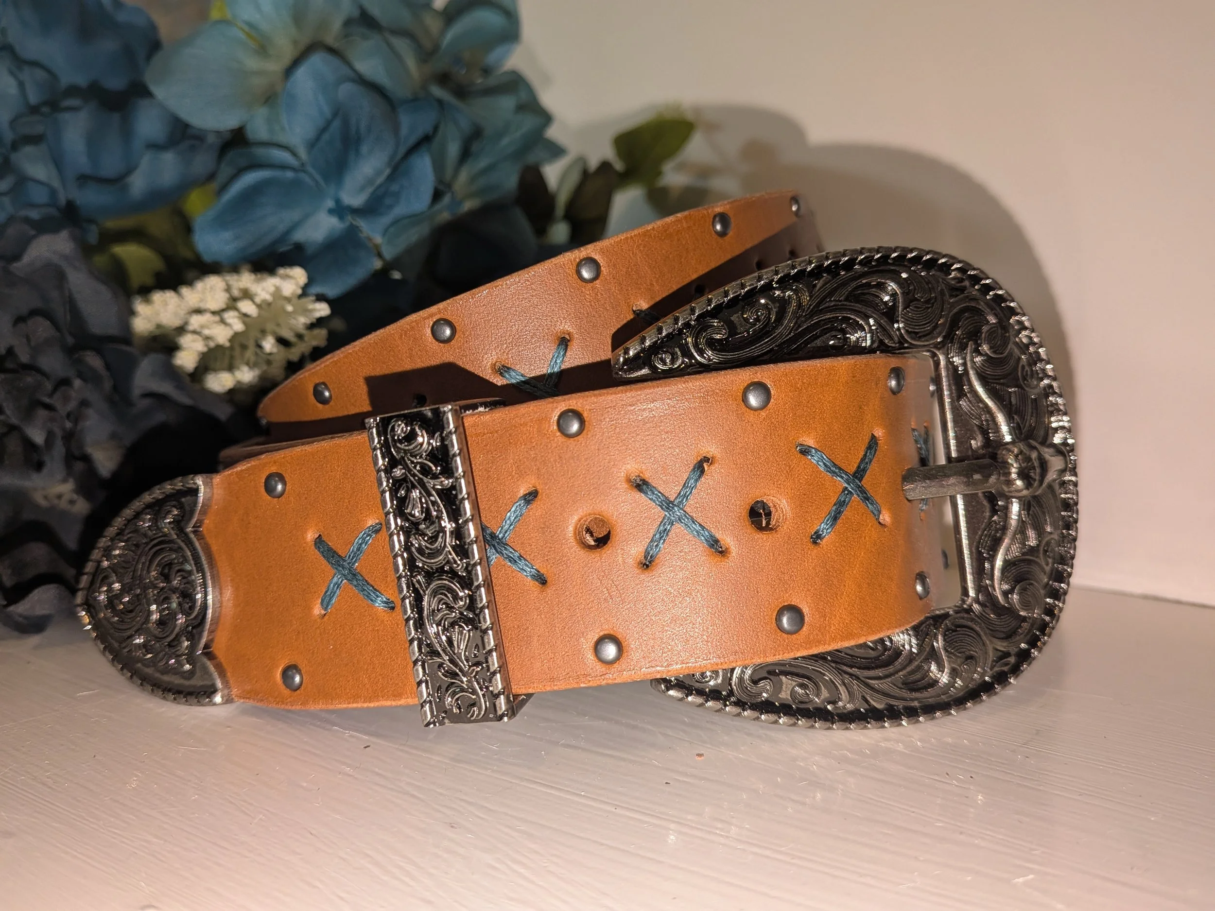 Silver Longhorn and Turquoise Cross Stitch Belt