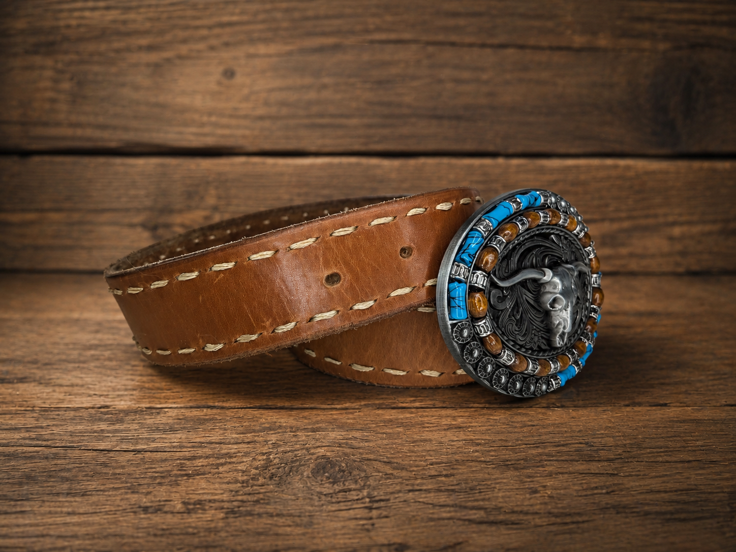 Beaded Longhorn Buckled, Tobacco Brown Genuine Leather, Natural Yellow Thread, Style 1