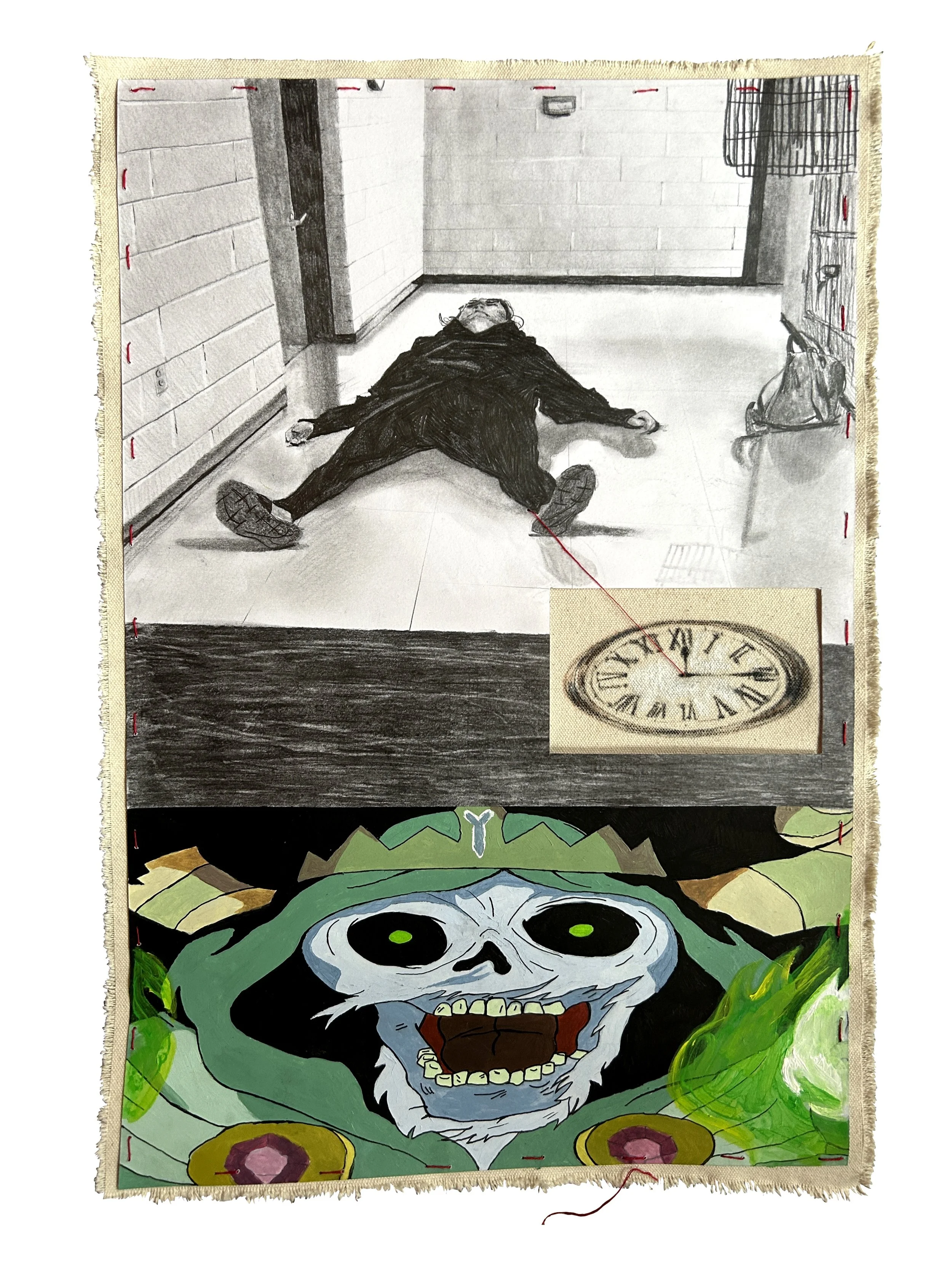 Deadline, graphite and acrylic on paper, colored pencil on canvas, string, 12 x 18 in.~ 2026