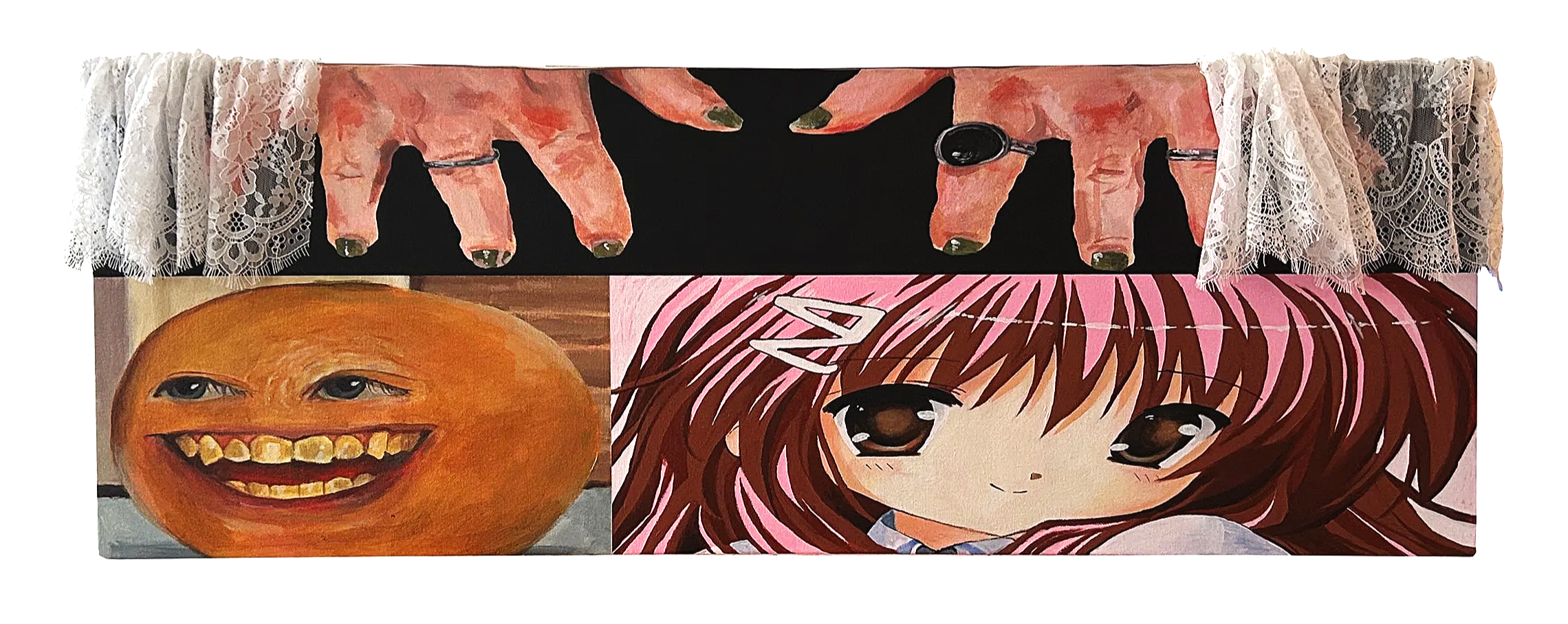 Dealer, acrylic, wire and lace on canvas, 40 x 14 in. 2026 (click for more details)