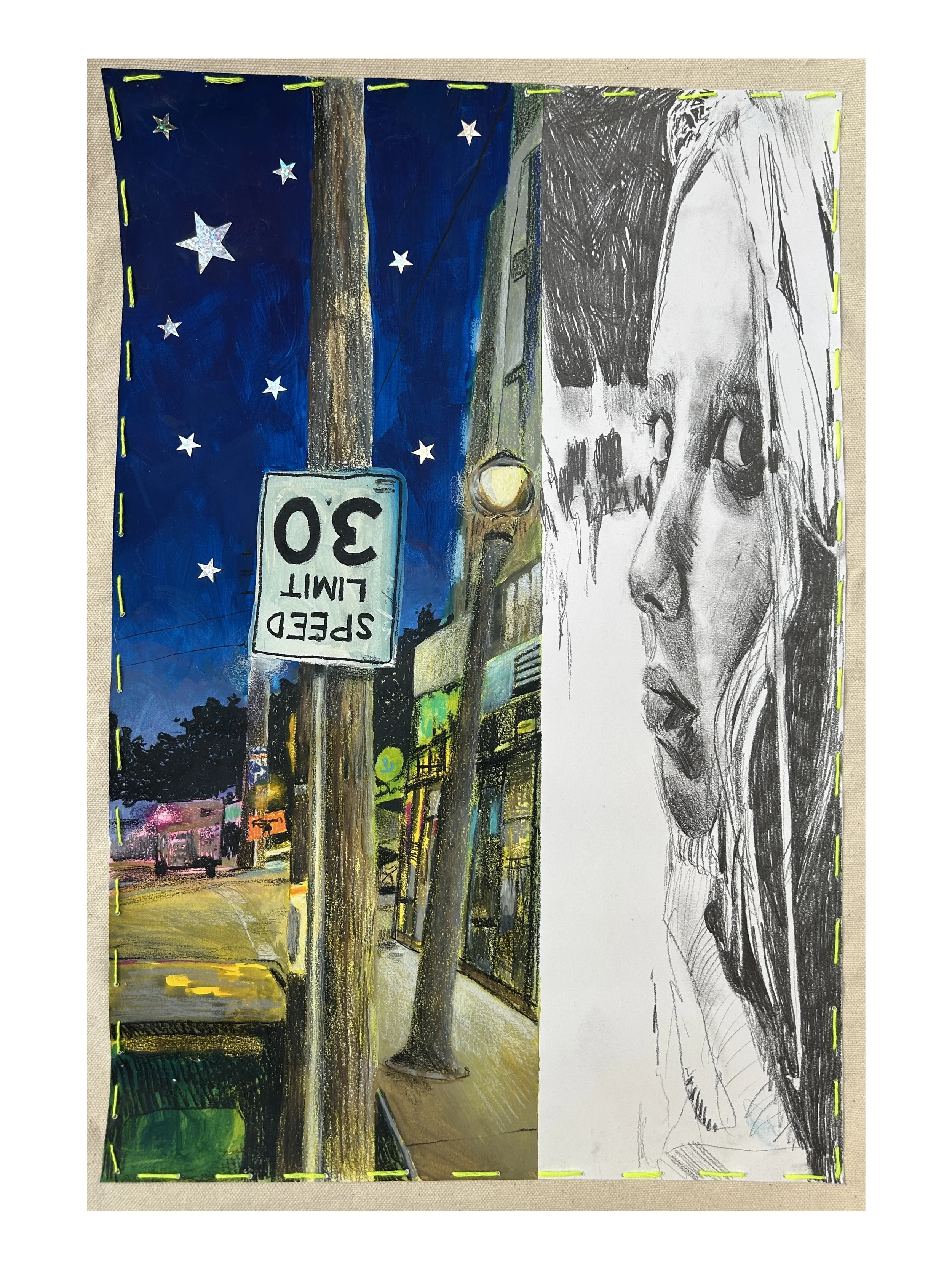 Nights, multimedia on paper sewed onto canvas, 14 x 19.5 in. 2026