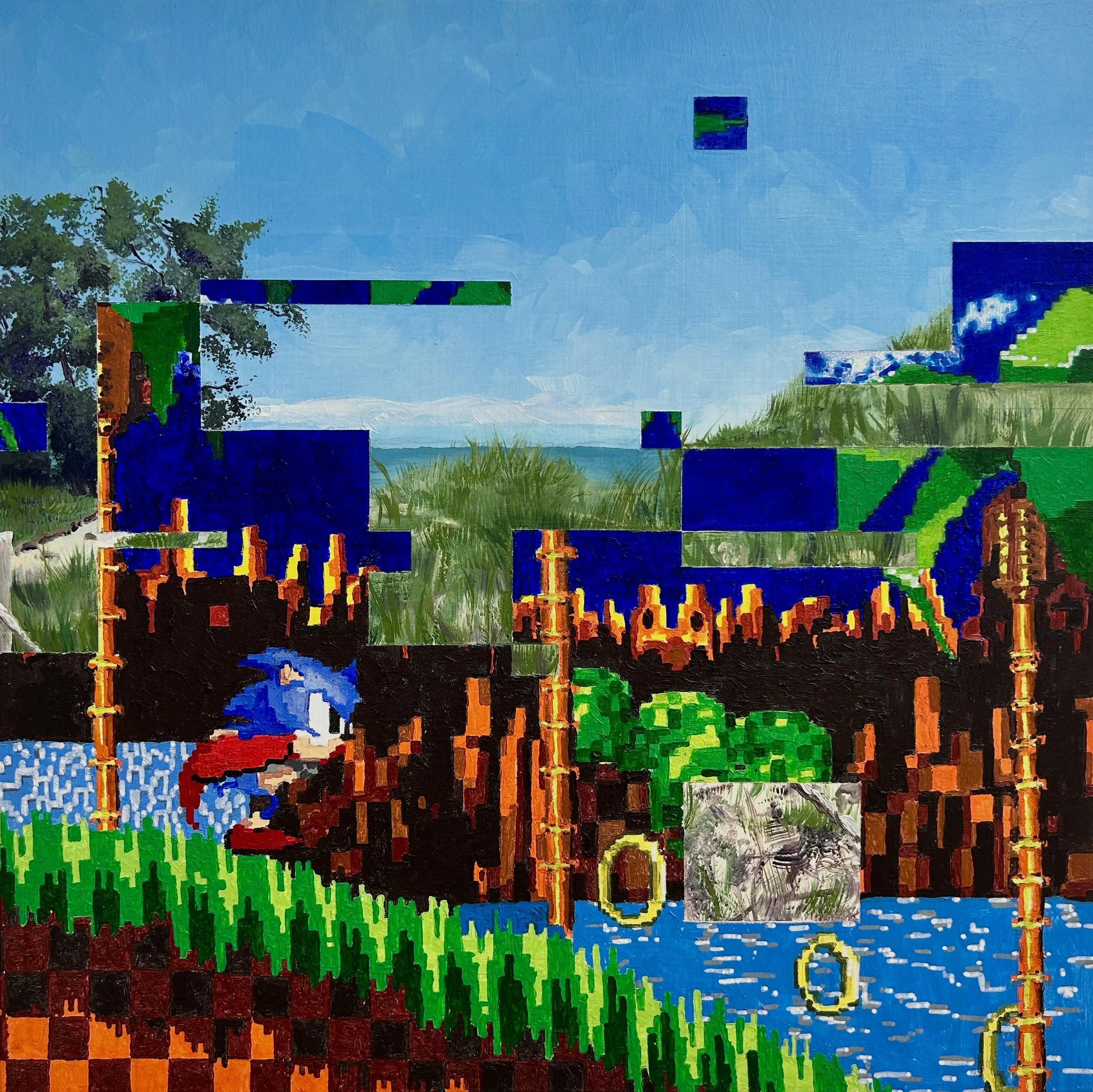 Green Hill Zone, oil and acrylic on panel, 16 x 16 in. 2025