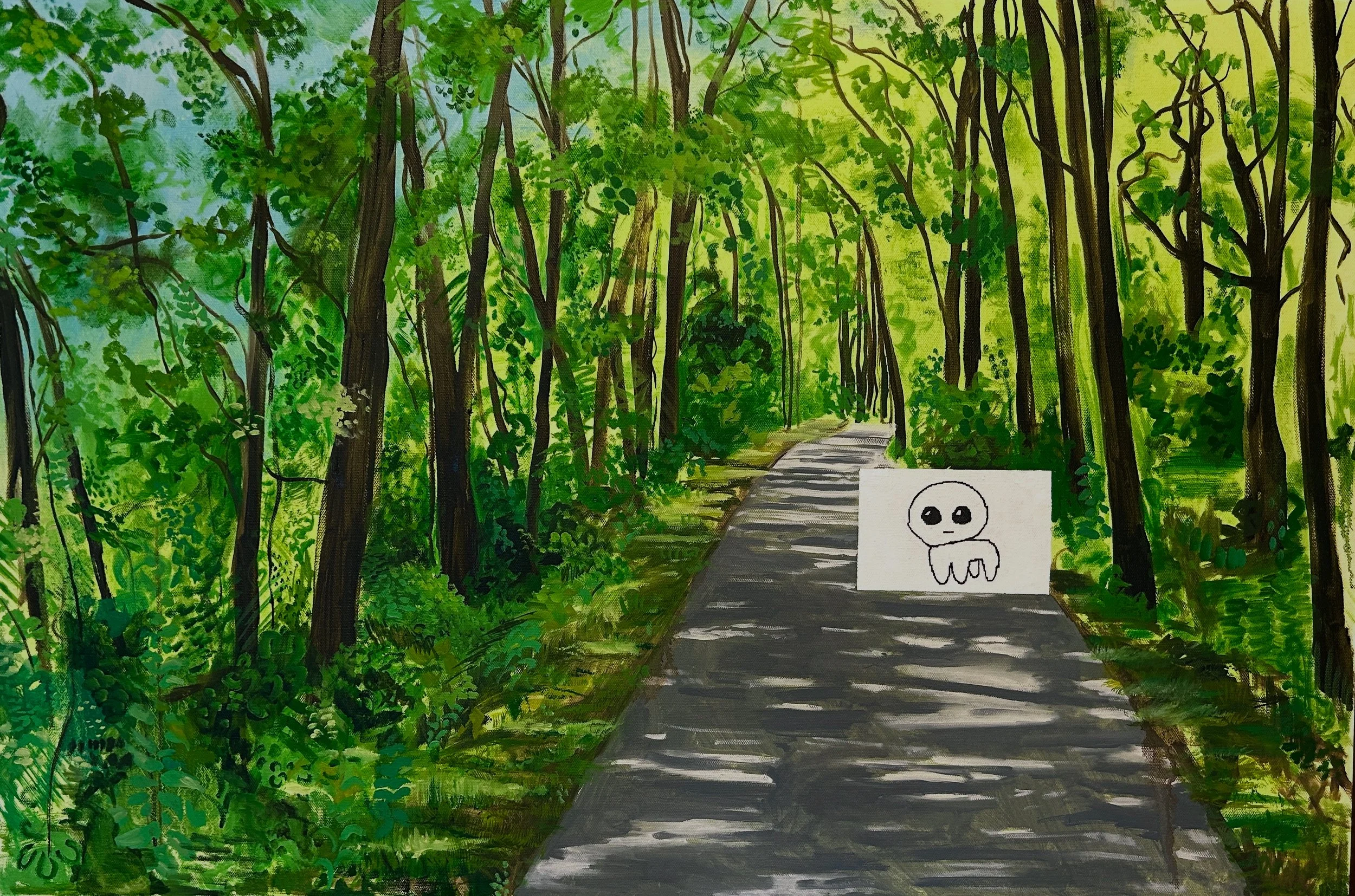 Creature Spotting, oil and micron pen on canvas 36 x 24 in. 2025