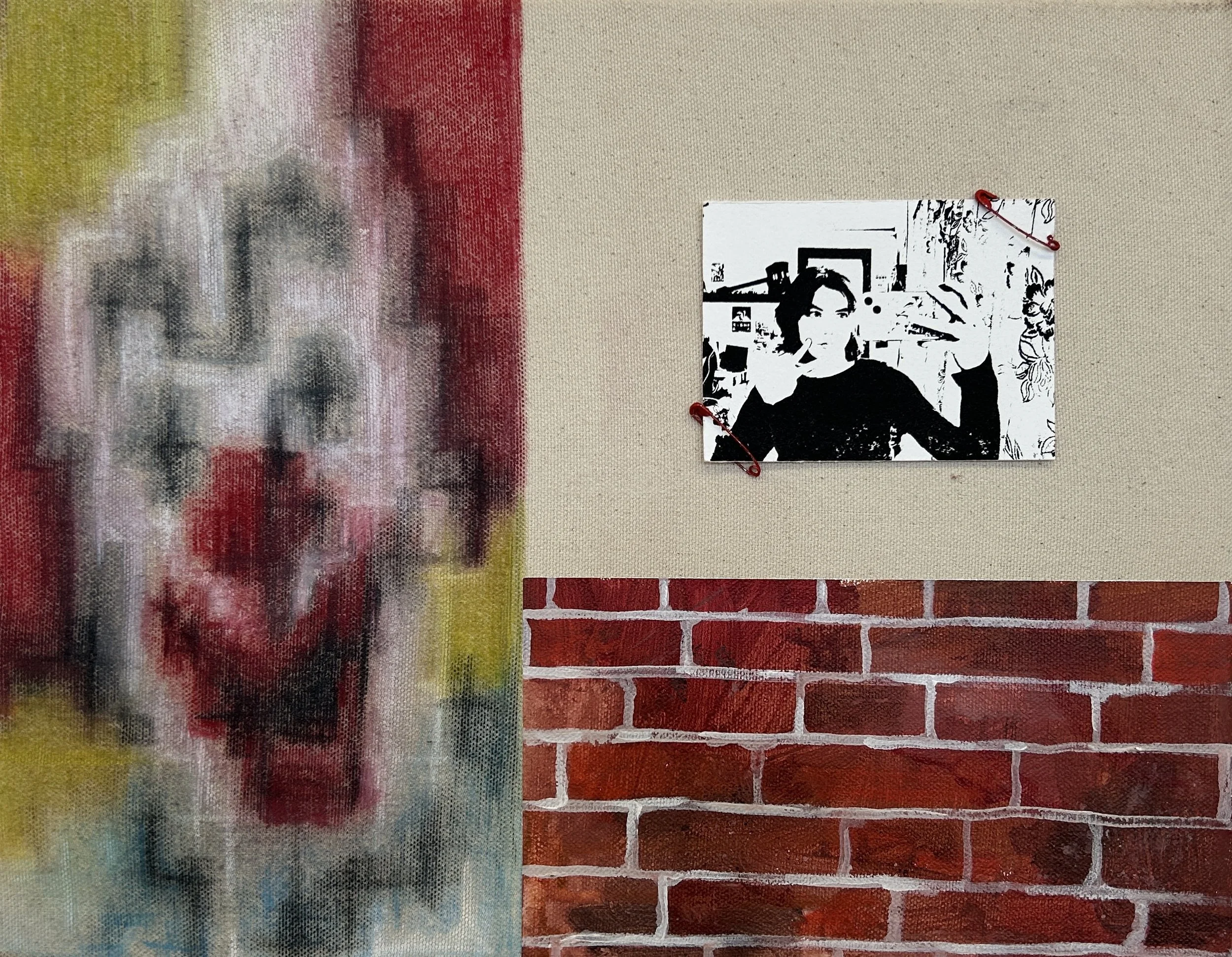 Bozo, colored pencil, acrylic and screenprint collage on canvas, 14 x 11 in. 2026