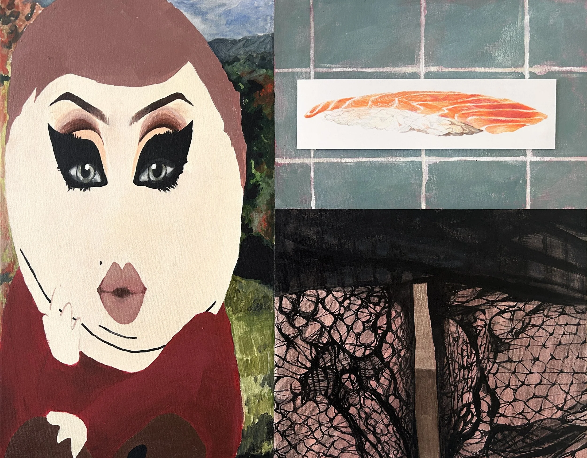 Serving, acrylic on canvas and colored pencil on paper collage, 30 x 24 in. 2026