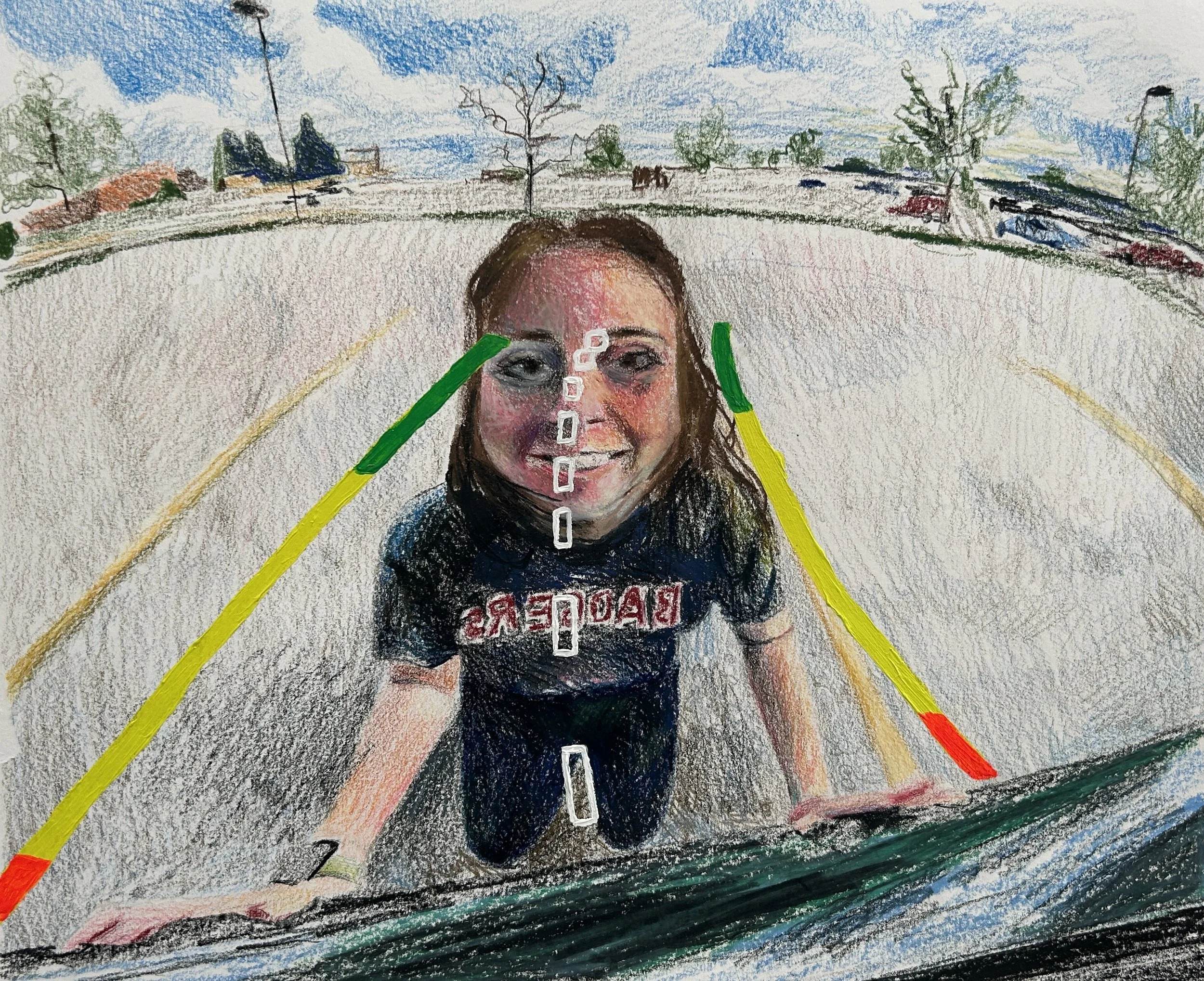 Selfie, colored pencil and acrylic, 2025