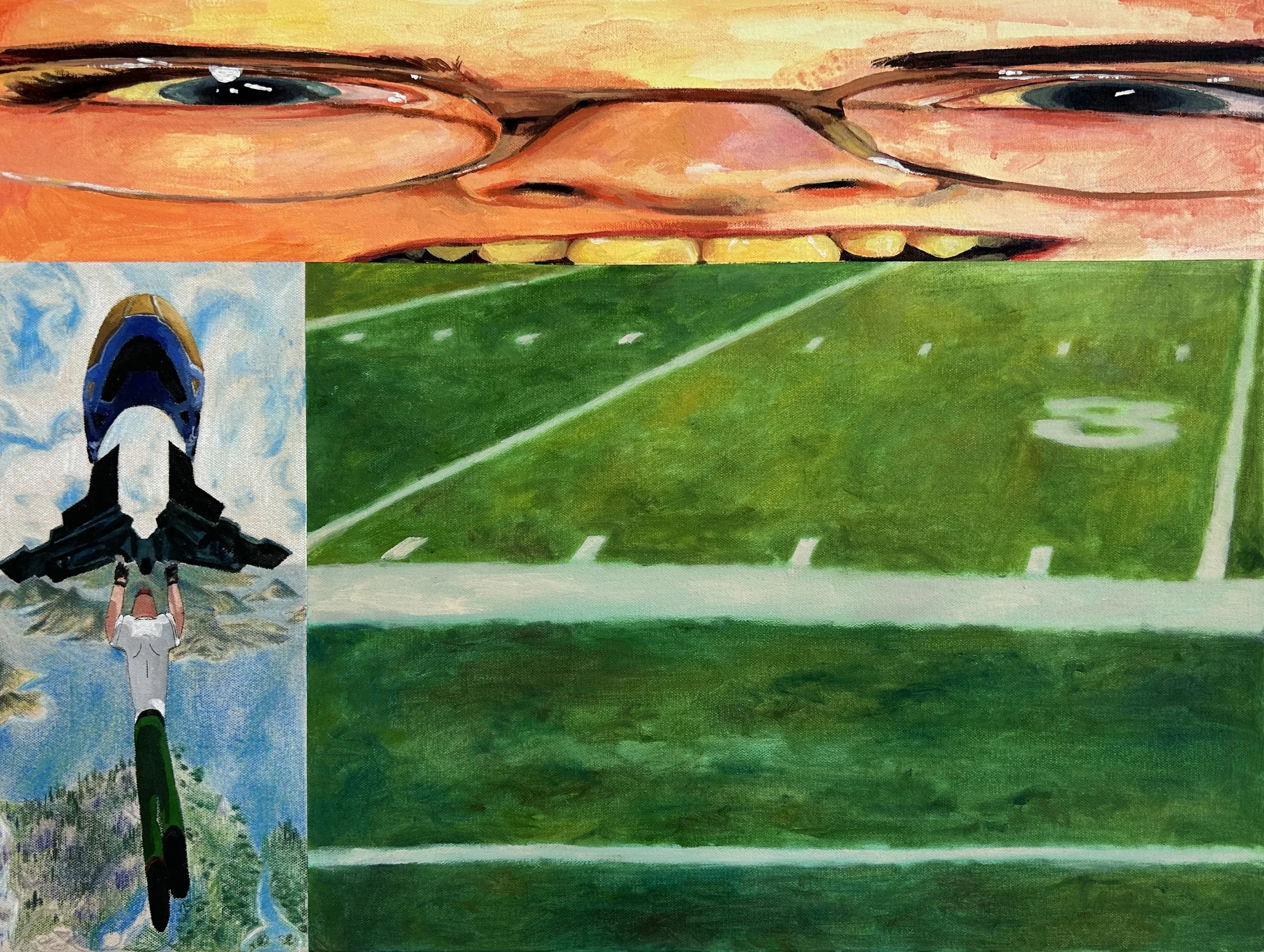 Sports, oil, acrylic, and colored pencil on canvas, 24 x 18 in. 2026